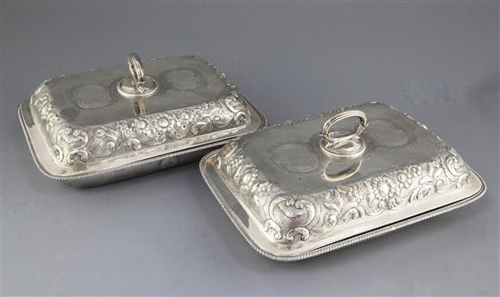 A pair of George III Scottish silver rectangular entree dishes and covers, 80.5 oz.